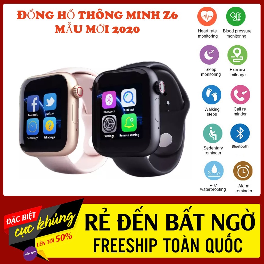 Đồng Hồ Thông Minh Smartwatch Z6 Mẫu Đẹp Sang Trọng Hàng Cao Cấp Chính Hãng Dành Cho Nam Nữ Kết Nối Bluetooth,Hỗ Trợ Thẻ