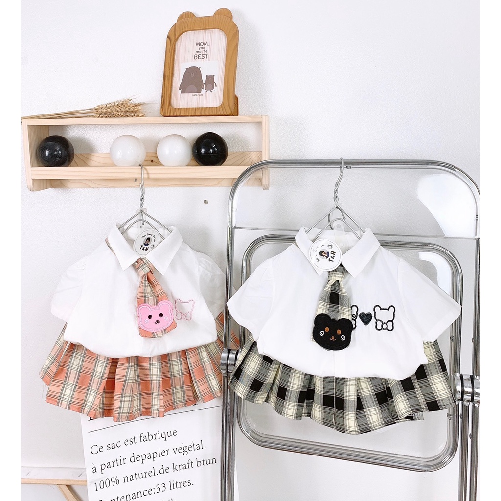 SET63- Váy cho bé, set đồng phục nữ sinh, cà vạt gấu bé gái kiểu Hàn Quốc cho bé từ 8-17kg