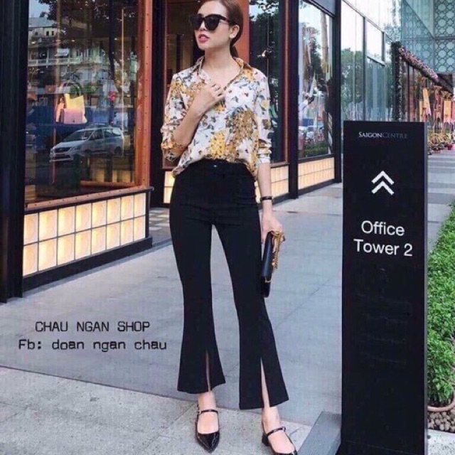 Quần tây ống loe xẻ trước vải tuyết mưa cao cấp