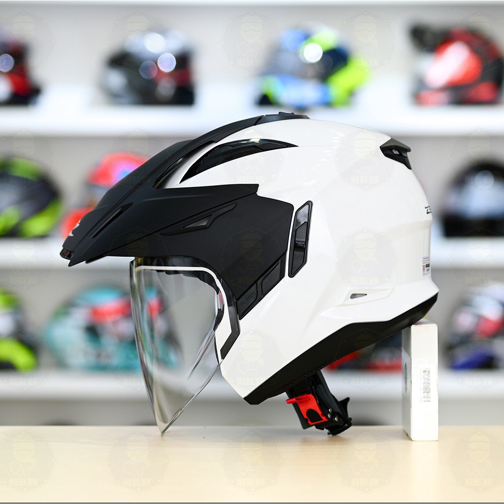 Mũ 3/4 2 Kính Zeus 613B Trắng Bóng Tặng Kèm Mái Che Có Thể Tháo Rời