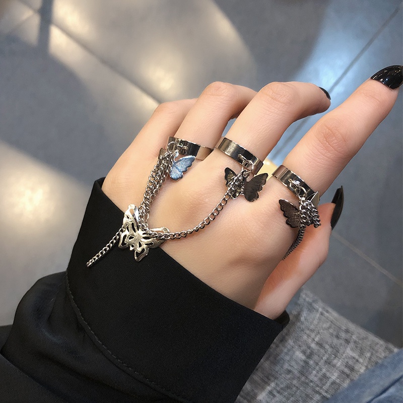 Nhẫn Hở Nhiều Lớp Hình Bướm Phối Dây Xích Phong Cách Punk Thời Trang Cho Nữ