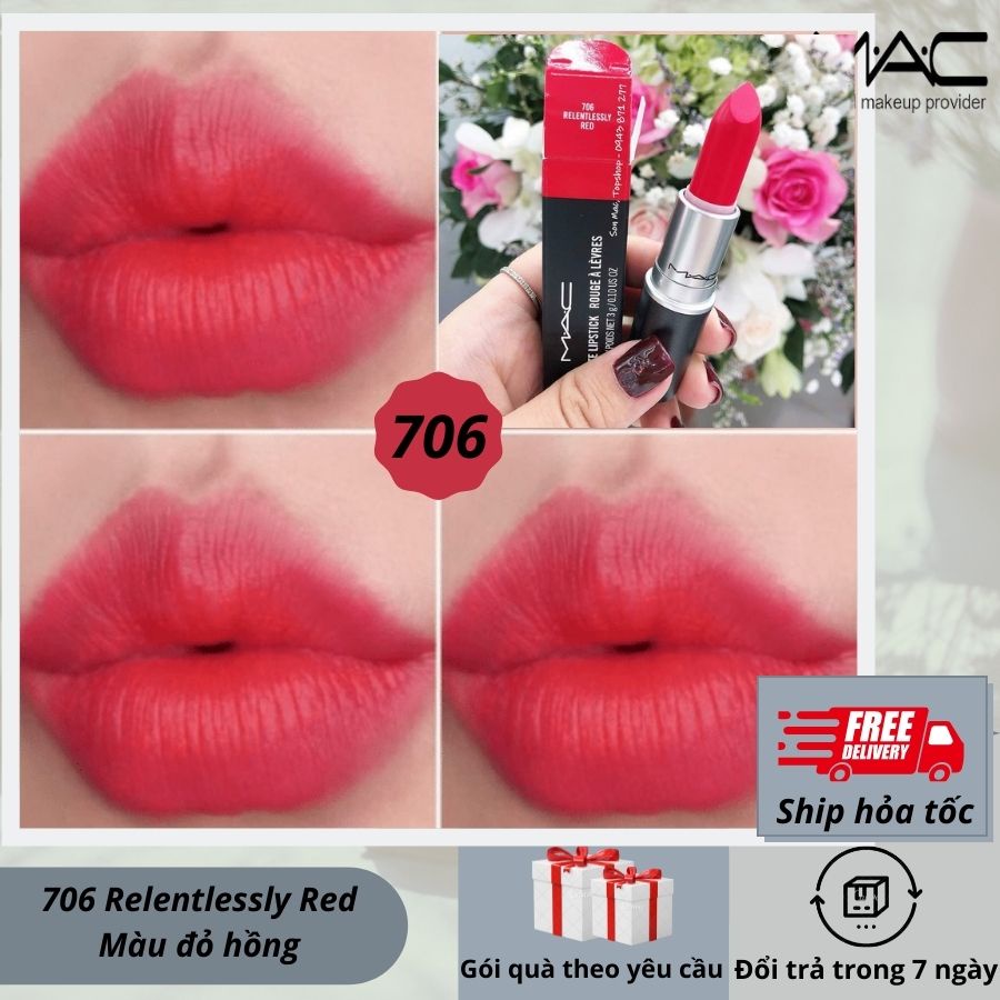 Son Mac Relentlessly Red 706 - Màu đỏ hồng san hô - Retro matte sang trọng quý phái.