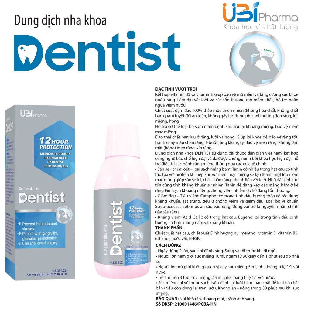 Nước súc miệng Dentist UBI Pharma dùng cho người bị viêm lợi, viêm lưỡi, viêm quanh răng chai 250ml