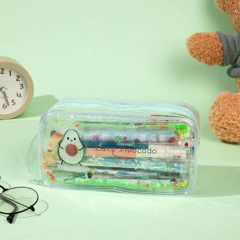 Túi Đựng Bút Trong Suốt Phối Kim Tuyến Nước Màu Hồng / Xanh Lá Xinh Xắn