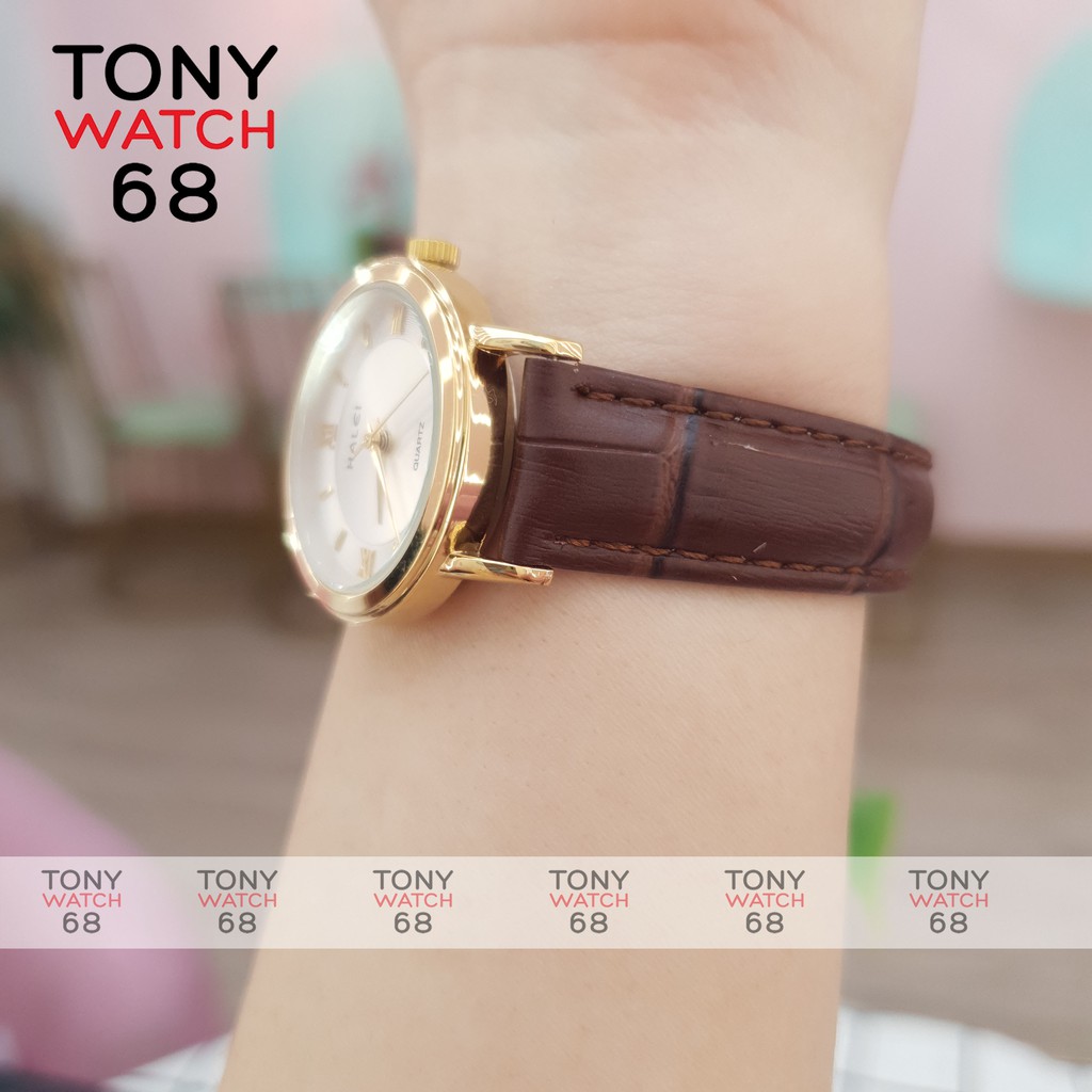 Đồng hồ nữ Halei dây da mặt vân đồng tâm viền mạ vàng chống nước chính hãng Tony Watch 68