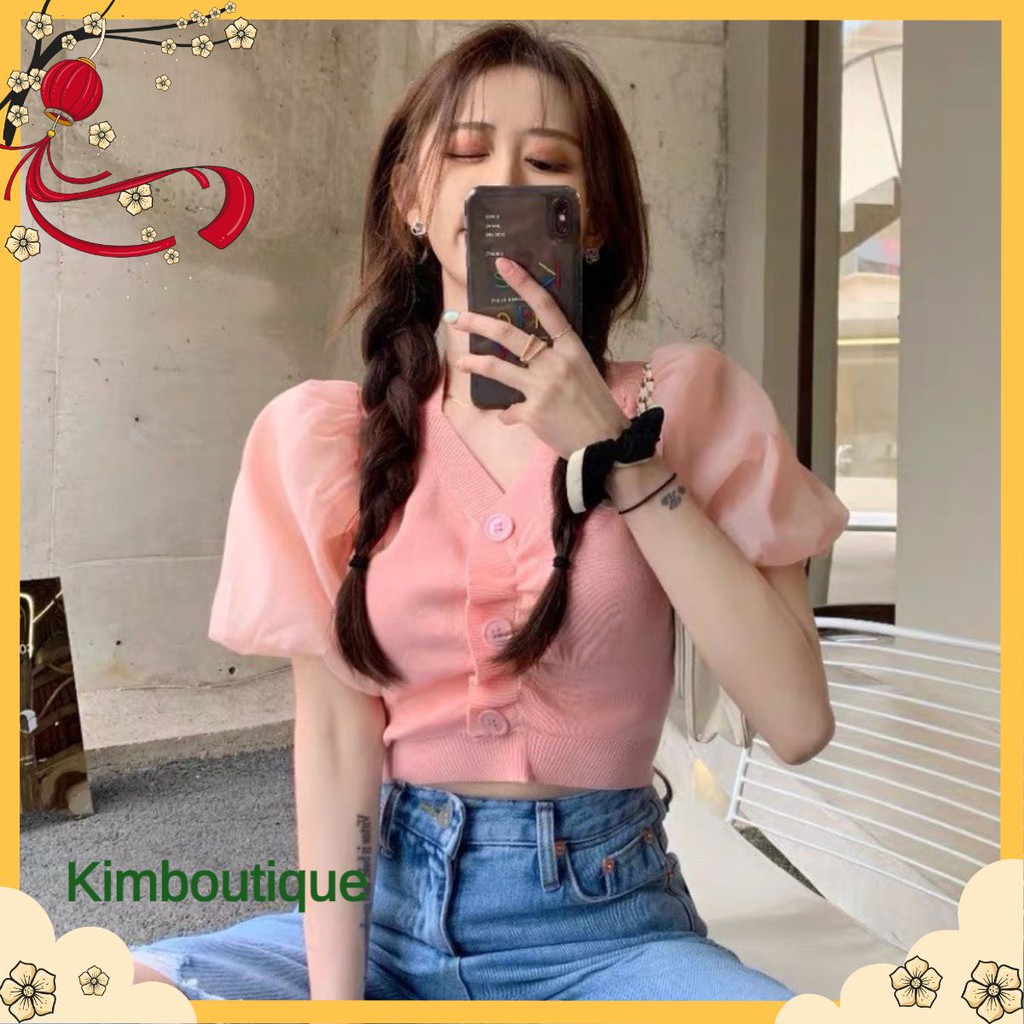 Áo dệt ngắn cổ chữ V phụ nữ mùa hè tay áo lồng đèn mỏng-vừa vặn bên trong áo sơ mi cơ bản phù hợp tất cả các kết hợp
