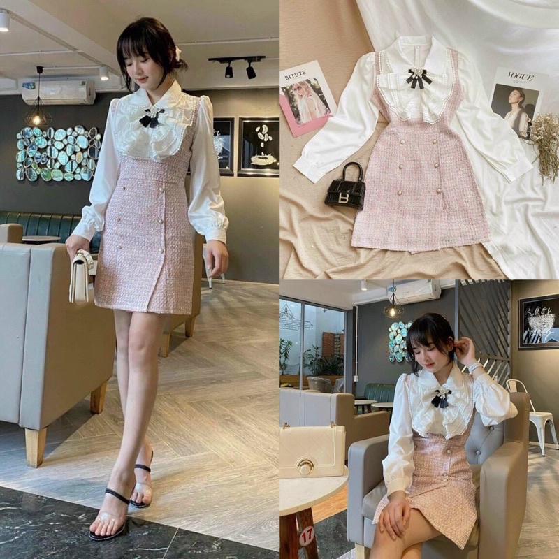 Đầm dạ tweed hồng kim tuyến phối cổ bèo ren TẶNG Tag Cài NÀNG CLOSET