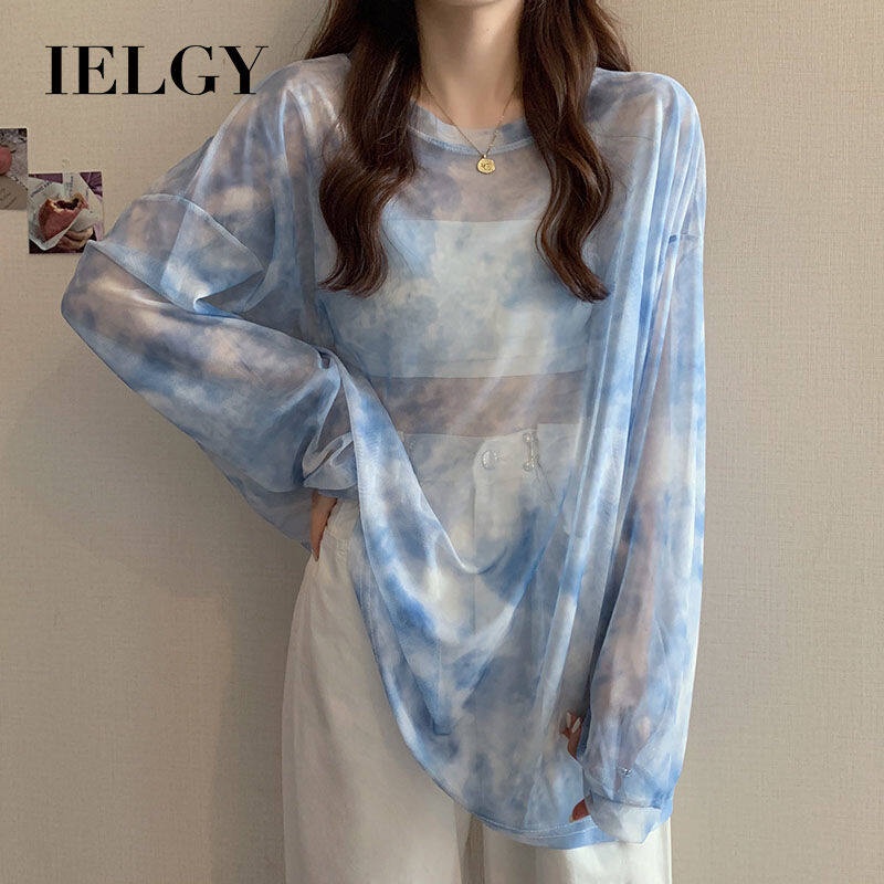 Áo thun IELGY tay dài dáng rộng màu nhuộm phong cách hàn quốc thời trang cho nữ