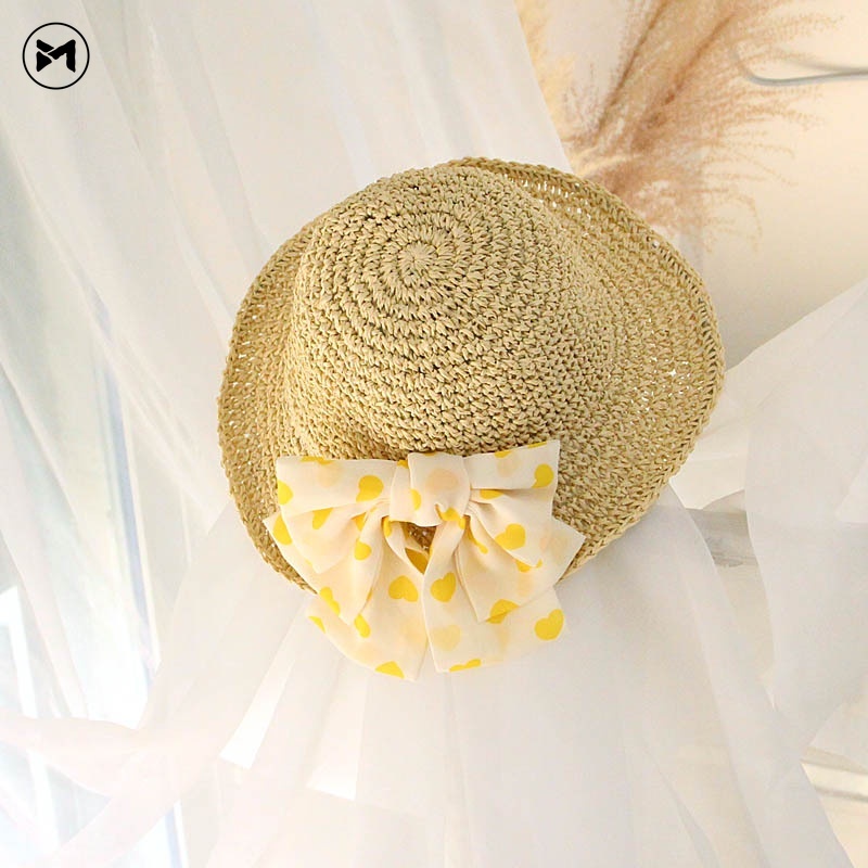 Mũ Cói Chống Nắng Vành Rộng Gấp Gọn Đính Nơ Mới Cho Bé Gái