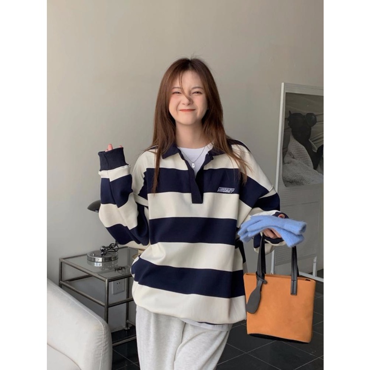 Áo Thun Polo Dáng Rộng Họa Tiết Kẻ Sọc Thêu Chữ Thời Trang Mùa Thu Mới Cho Nữ