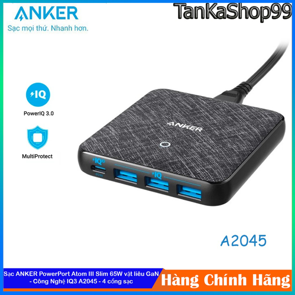 Sạc để bàn Anker 65W Siêu Mỏng - Công Nghệ IQ3 A2045 - 4 cổng sạc