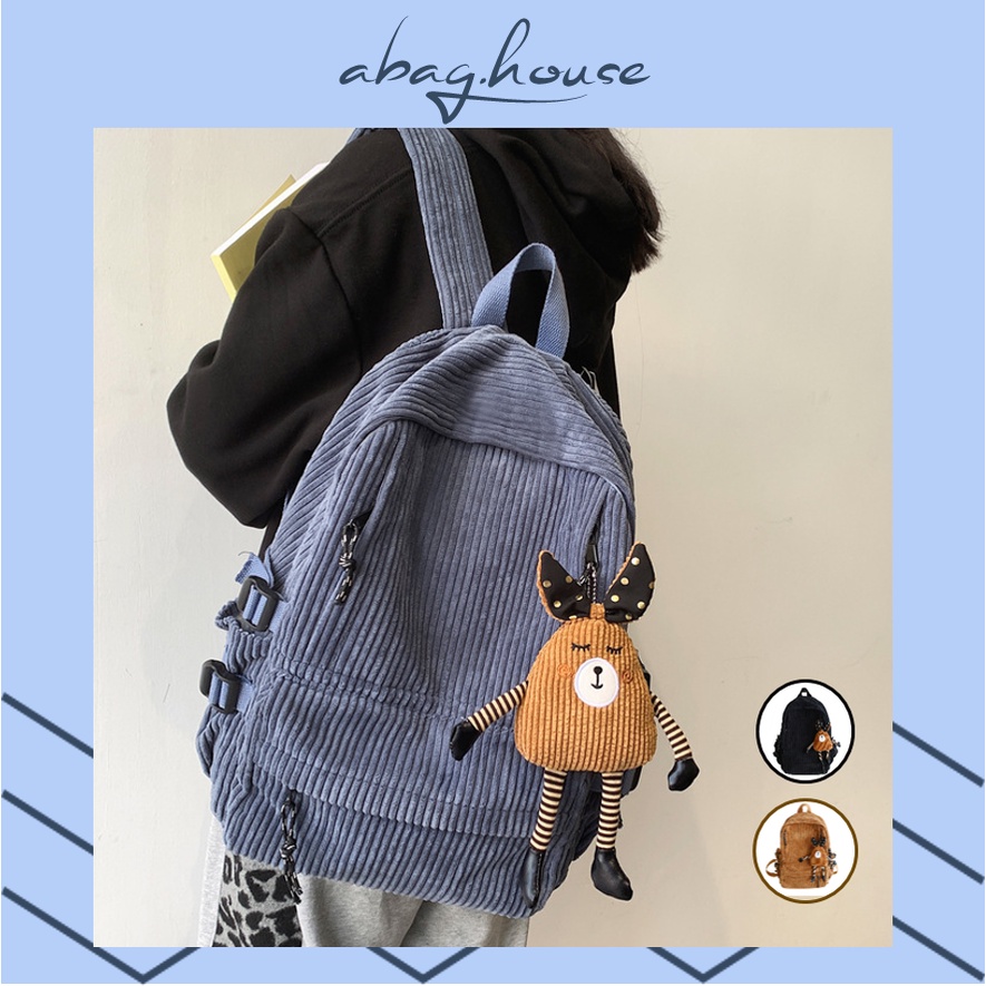Balo nữ ulzzang vải nhung gân đi học đi chơi dành cho học sinh sinh viên (kèm móc khóa dễ thương)