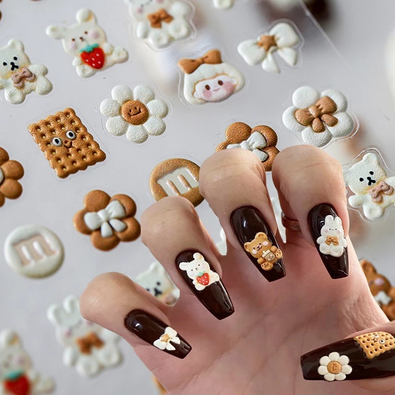 Miếng Dán Trang Trí Móng Tay In Nổi Hình Thỏ/ Gấu Hoạt Hình 5D Dễ Thương DIY