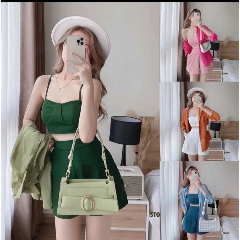 BỘ 3 MÓN, ÁO CROPTOP CÓ MÚT NGỰC, ÁO KHOÁC SƠ MI, QUẦN SHORT