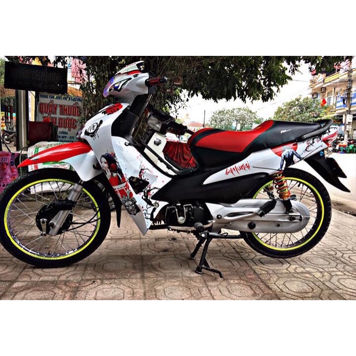 Tem trùm Wave 50cc Trắng Đỏ Sammurai, team dán xe máy Wave, team trùm Wave, tem decal Wave trắng đỏ samurai