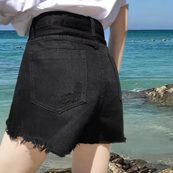 Quần Short Denim Lưng Cao Ống Rộng Phối Rách Thời Trang Đường Phố Mùa Hè Cho Nữ
