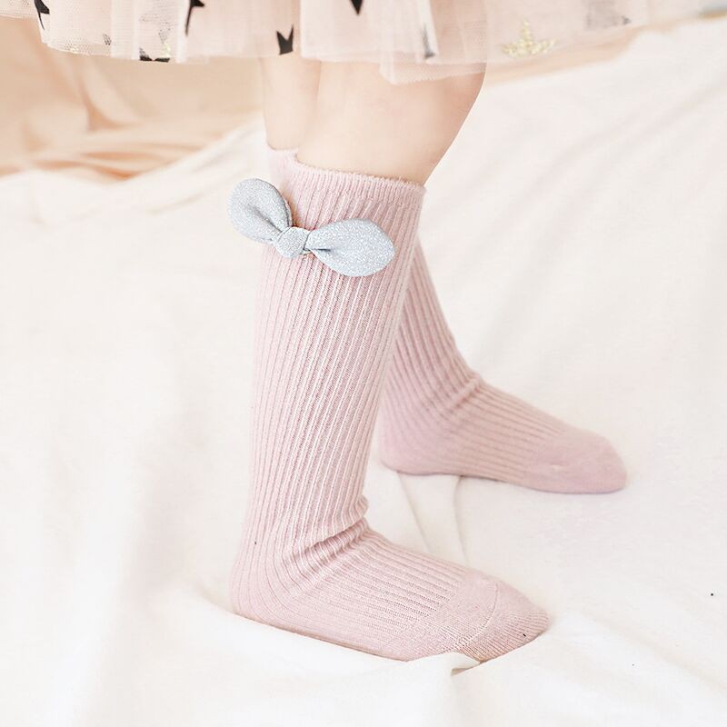 Vớ cotton dài đính nơ dễ thương giữ ấm chân dành cho bé gái