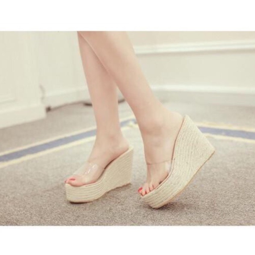 Dép nữ công sở (guốc) 6cm - 9cm đế xuồng quai bản meka trong (kem) ANA