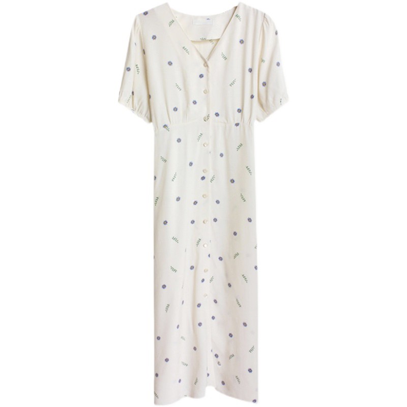 Váy MORAN hoa nhí màu xanh trắng cổ V cài dọc khuy dáng thon eo xòe dài nhẹ nhàng vintage Hàn Quốc