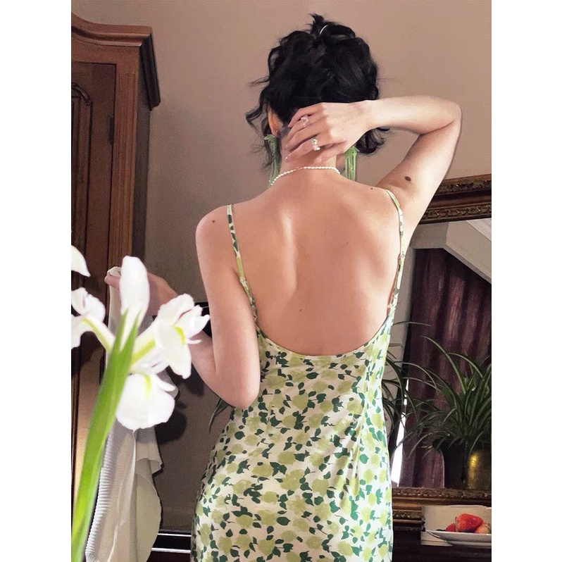 Váy đầm hai dây xẻ tà sexy cổ vuông màu xanh hoa lá cây mùa xuân hotrend 2022