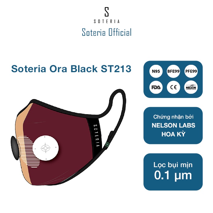 Khẩu trang tiêu chuẩn Quốc Tế SOTERIA Ora Black ST213 - Bộ lọc N95 BFE PFE 99 lọc đến 99% bụi mịn 0.1 micro- Size S,M,L