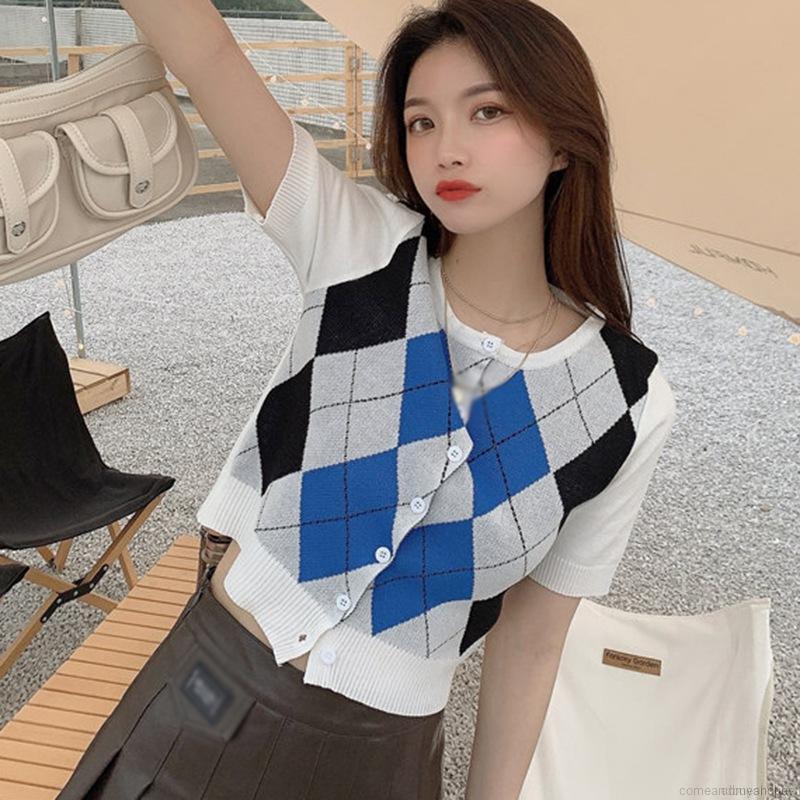 Áo Cardigan Tay Ngắn Họa Tiết Hình Thoi Màu Sắc Tương Phản Phong Cách Retro | BigBuy360 - bigbuy360.vn