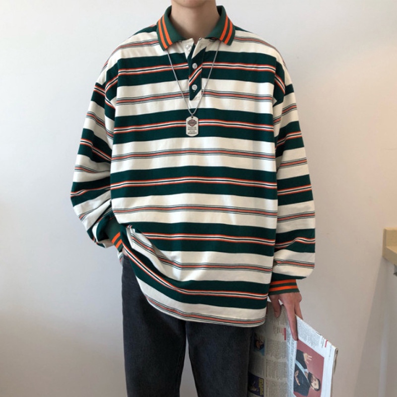 Áo thun POLO tay dài kẻ sọc thời trang mùa thu cho cặp đôi | BigBuy360 - bigbuy360.vn