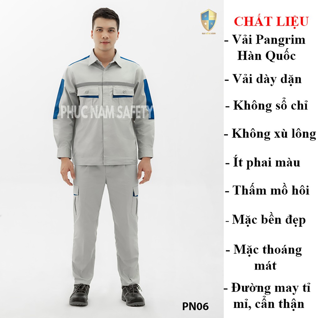 Bộ quần áo bảo hộ lao động vải Pangrim cao cấp màu ghi đá xanh phối xanh dương – PN07, BHLĐ Phúc Nam