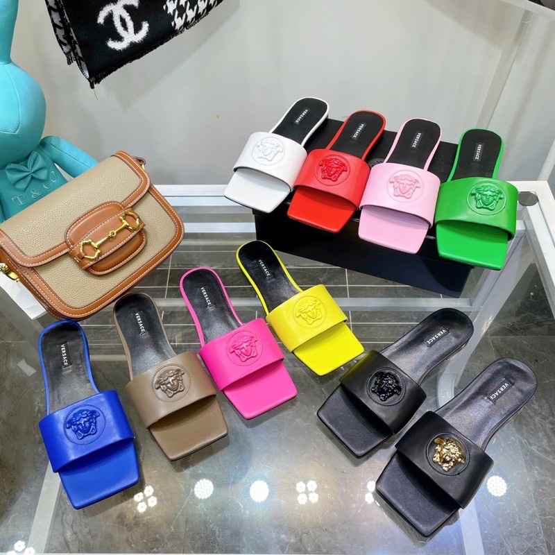 Dép đế bệt mũi vuông quai ngang thương hiệu Versace cao cấp da thật cao cấp nhiều màu