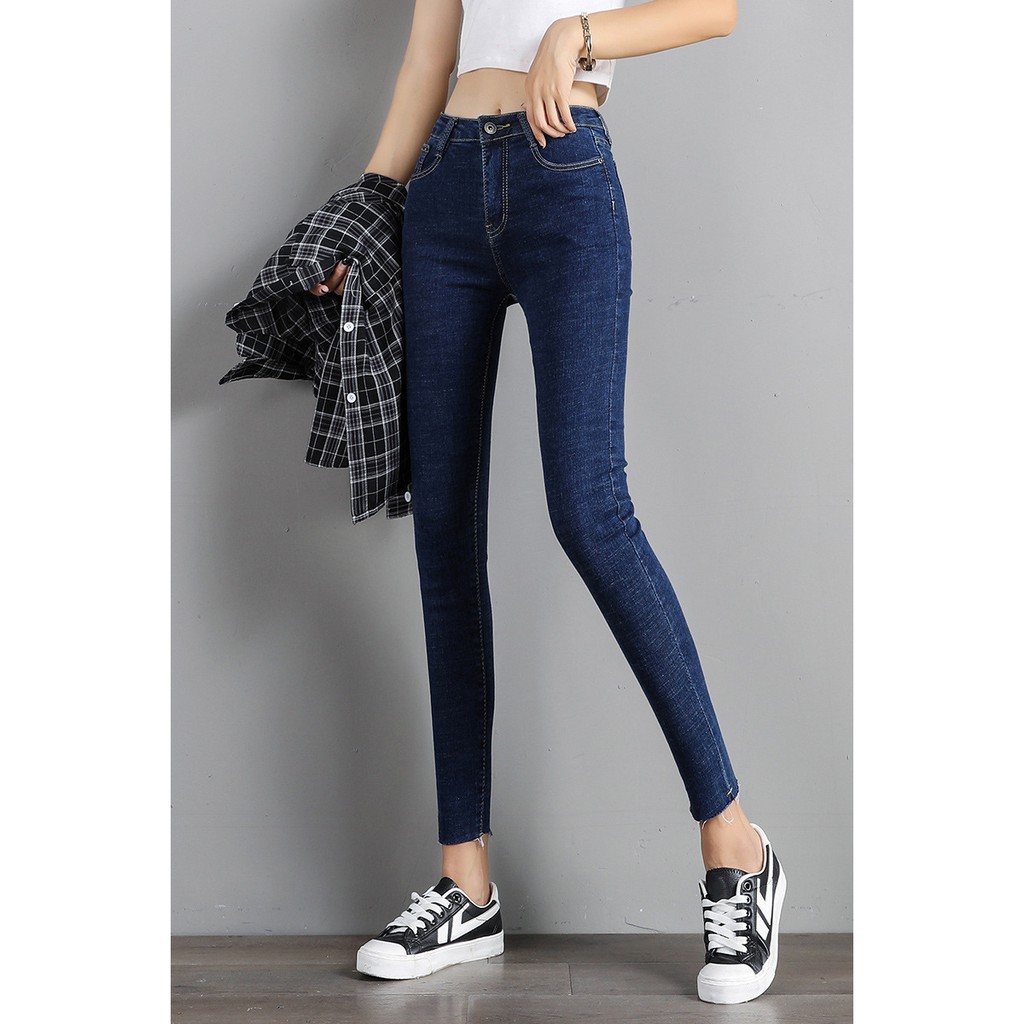 Quần Bò Nữ Dáng Skinny Quần Jean Nữ Lưng Cao Lai Tua Thời Trang