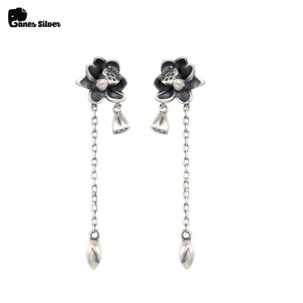 Bông tai bạc nữ Ganes Silver hoa sen chất liệu bạc thái - B000086