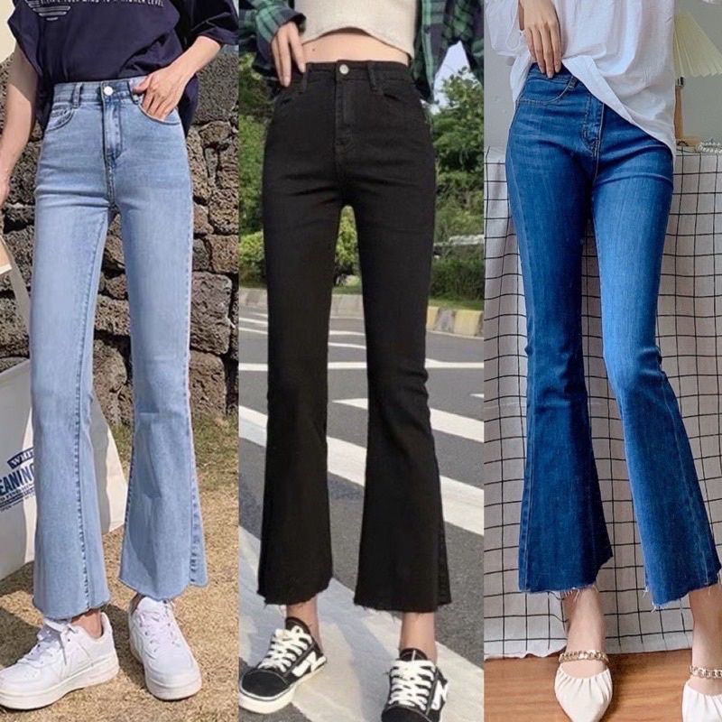 Quần bò jeans nữ ống loe đứng rộng xuông co dãn jeans cạp cao cấp