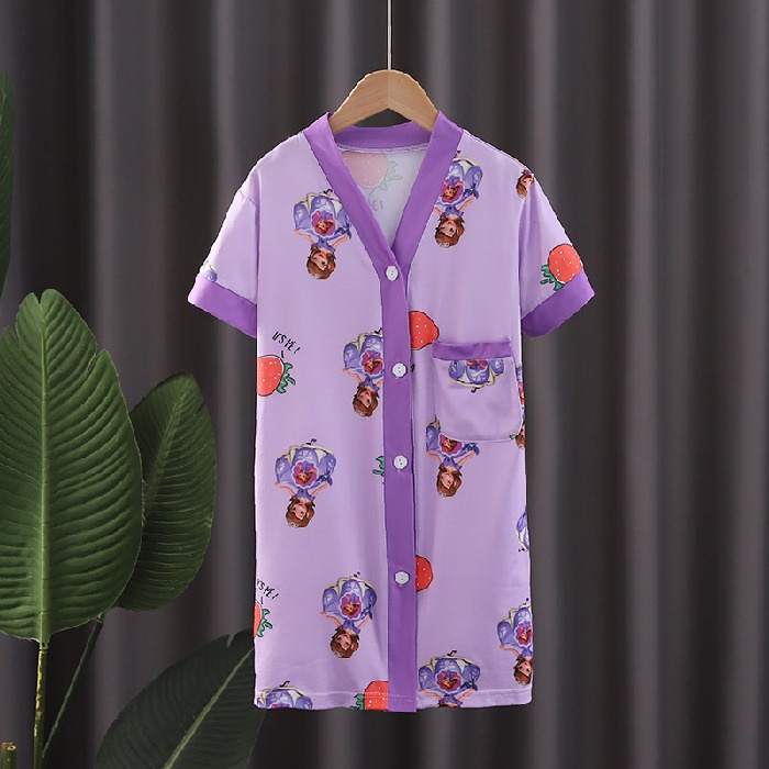 Đầm Ngủ Tay Ngắn Chất Cotton In Họa Tiết Hoạt Hình Phong Cách Hàn Quốc Xinh Xắn Cho Bé Gái