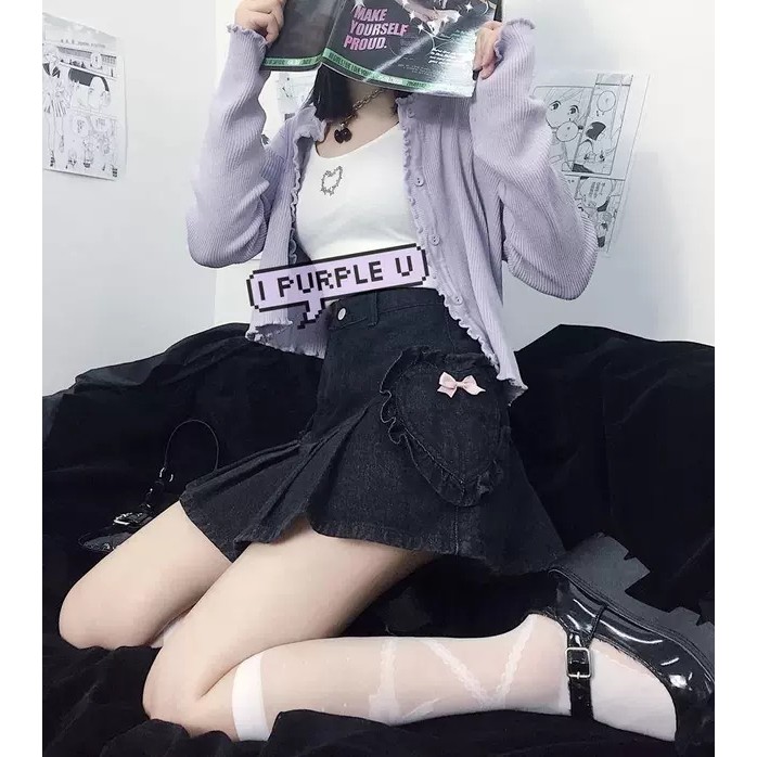 6:30PM Order Mã 005 Chân váy jeans đen ngắn ulzzang hot trend đuôi cá tennis skirt phối trái tim nơ hồng lolita viền bèo