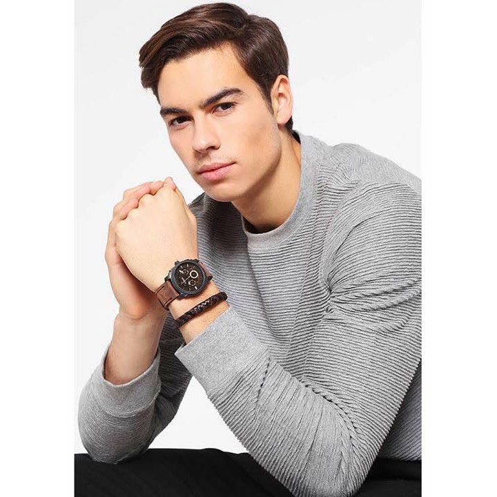 Đồng hồ nam chính hãng Set Fossil , dây da màu nâu - Máy Quartz pin - Mặt kính cứng