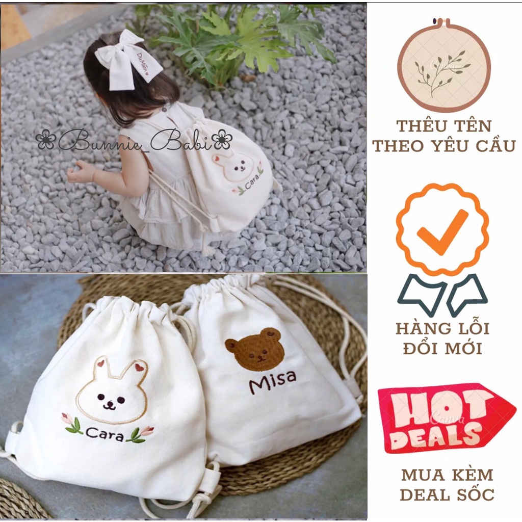 Balo Mini - Balo Cho Bé Đi Học Dây Rút Chất liệu Canvas Cho Bé Trai Bé Gái Thêu Tên Bé Theo Yêu Cầu