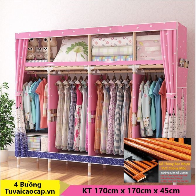 Tủ Vải Khung gỗ bọc nhựa 4 ngăn cao cấp Bảo Hành 12 Tháng