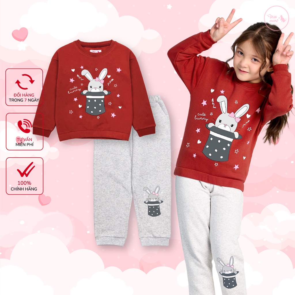 Bộ thu đông bé gái Bigfox Miss Meow, bộ nỉ bông cho bé gái in thỏ trong mũ size trẻ em 3,4,5,6,7,8 tuổi