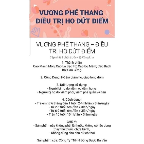 Siro Ho Vương Phế Thang - Giúp Bổ Phế,Long Đờm,Hỗ Trợ Giảm Đau Rát Cổ Họng, Ho Kéo Dài - CHÍNH HÃNG Của Đông Dược Bà Vân