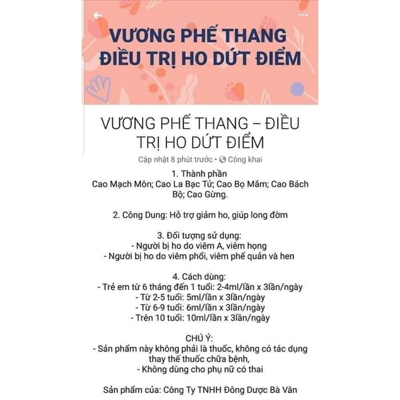 Siro Ho Vương Phế Thang - Giúp Bổ Phế,Long Đờm,Hỗ Trợ Giảm Đau Rát Cổ Họng, Ho Kéo Dài - CHÍNH HÃNG Của Đông Dược Bà Vân