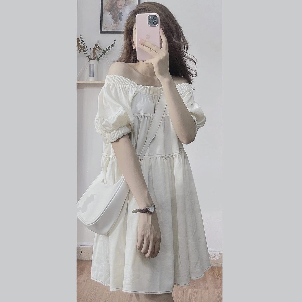 Đầm Babydoll Trễ Vai Viền Nổi - Váy suông dáng ngắn bo chun tay bồng style basic, thiết kế tiểu thư bánh bèo Ulzzang