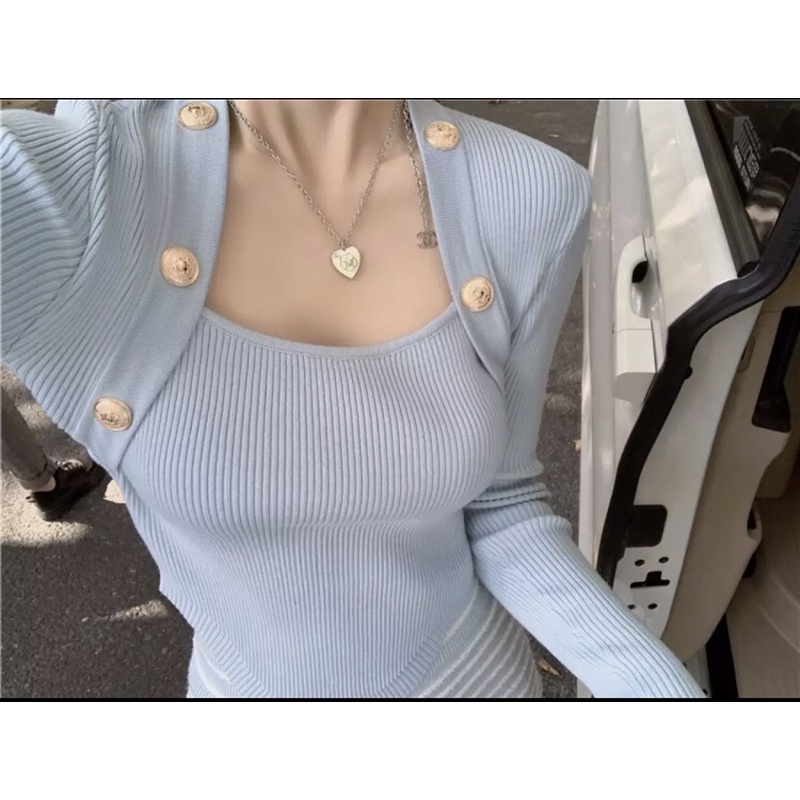 Áo kiểu nữ khuy cổ vuông dính nút chất vải thun tăm sexy dễ thương