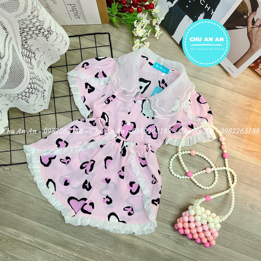 Bộ Đồ Ngủ Pijama Lụa Mango Phối Cổ Ba Lá Hàng Thiết Kế Cao Cấp Tay Cộc .Bộ Ngủ Bé Gái Cao Cấp