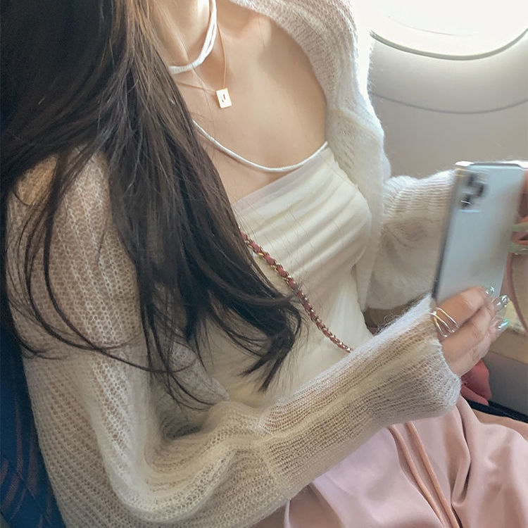 COZOK Set Áo Khoác Lưới Sát Nách + Áo Khoác Cardigan Tay Dài Thời Trang Cho Nữ