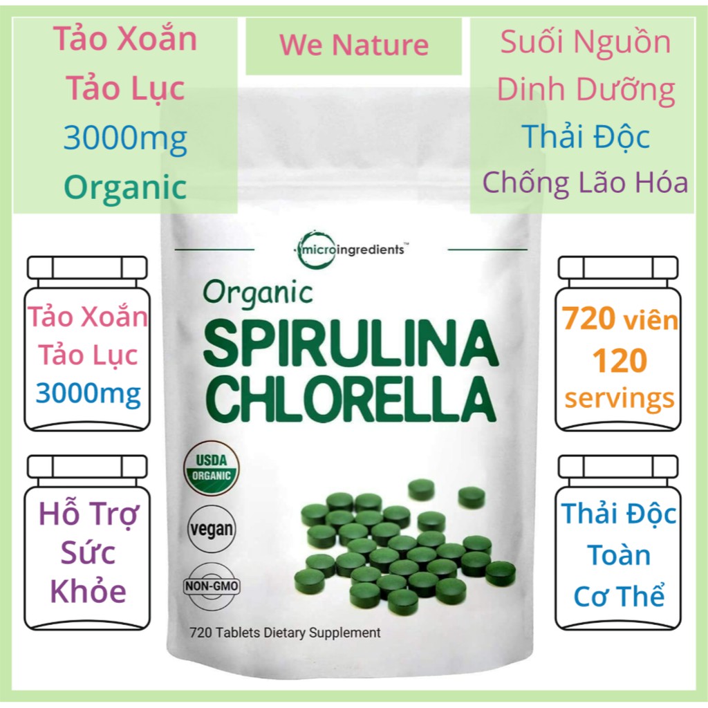 Tảo Xoắn + Tảo Lục - 720 Viên - Chống Lão Hóa - Micro Ingredients - Spirulina - Chlorella