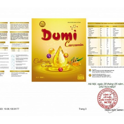 Sữa bột Dumi Curcumin 900 gram - thành phần tinh dầu nghệ