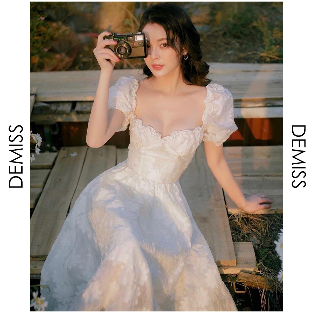 Đầm Trắng Cúp Ngực 💖DEMISS💖 Váy Cúp Ngực  Hoa Nổi Bèo Tay Phồng Dáng Dài Sang Chảnh - V-Trắng-58