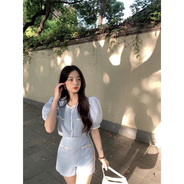 SET ÁO DẠ XANH CROP VIỀN + SHORT
