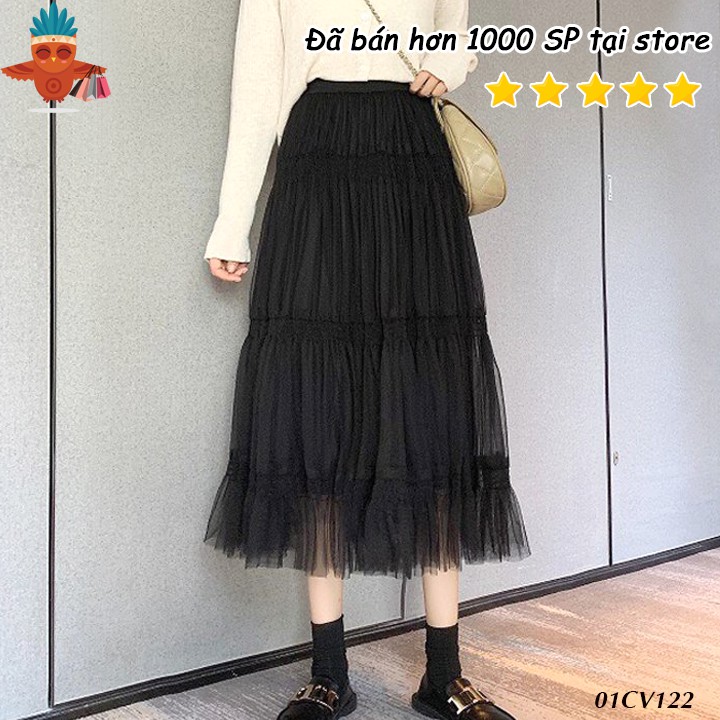 Chân váy lưới nhún tầng 936 THOCA HOUSE nâu nhạt, đen style Hàn Quốc công chúa xinh xắn, dễ phối đồ