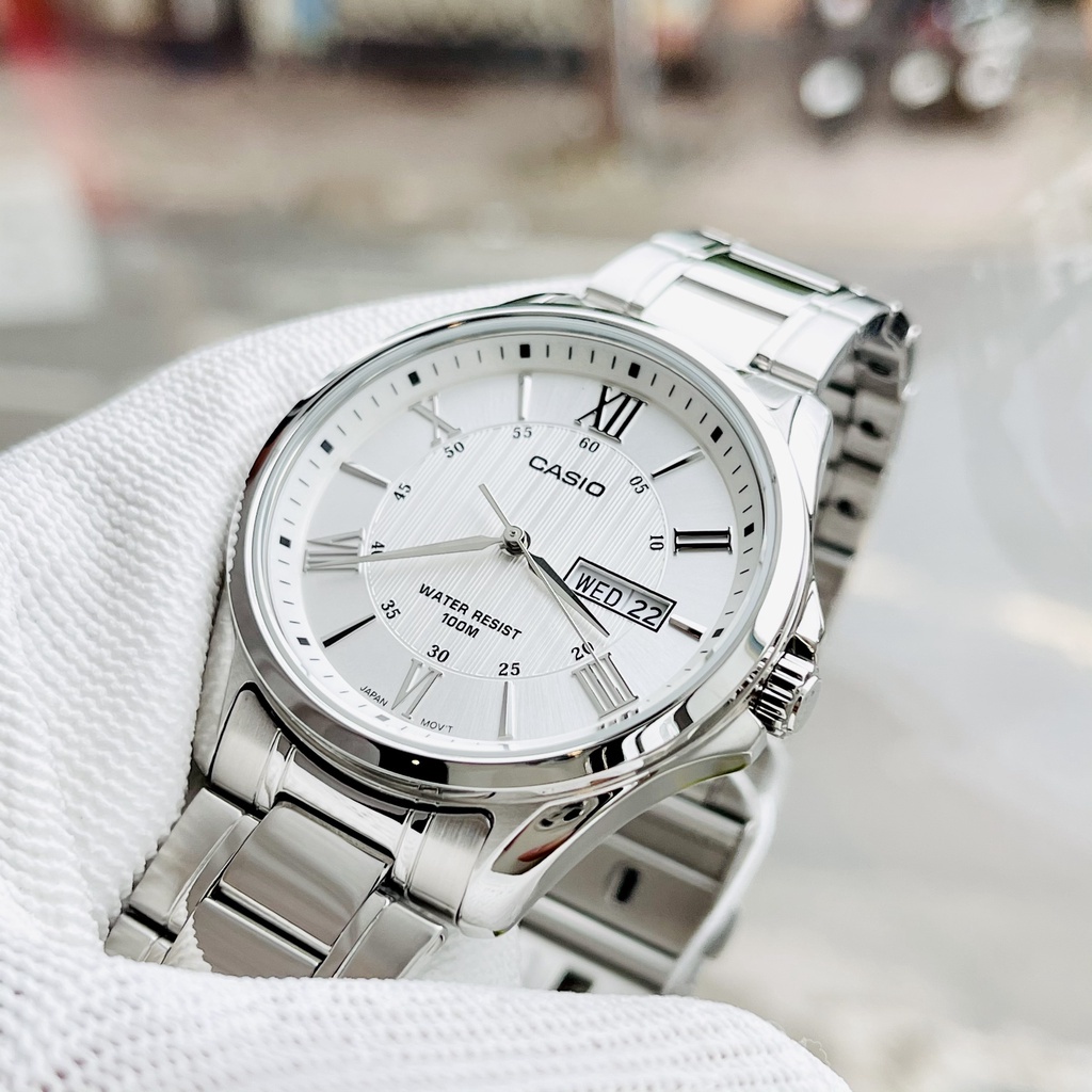 Đồng hồ Nam Casio MTP-1384D-7AV, đồng hồ chính hãng, dây bạc mặt trắng